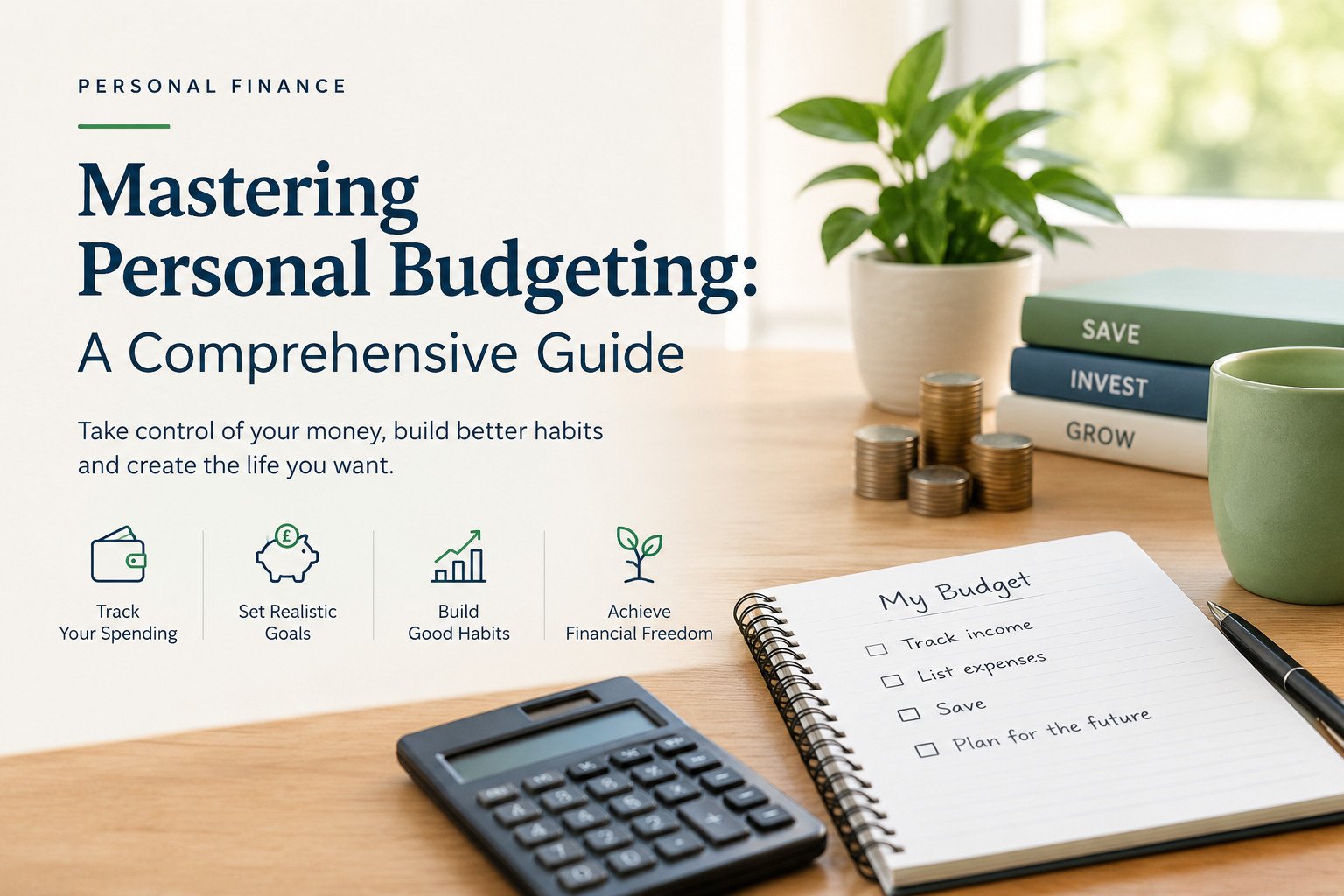 ersonal budgeting guide featuring a calculator, budget notebook, savings coins, and books on saving, investing, and financial growth, with tips for tracking spending, setting goals, and building better money habits.
